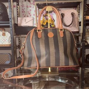 Fendi Penquin Striped Brown Dome Satchel with Tan Trim